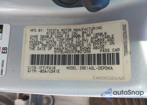 2012 Toyota Corolla L z USA, uszkodzony, nr VIN 5YFBU4EEXCP027256